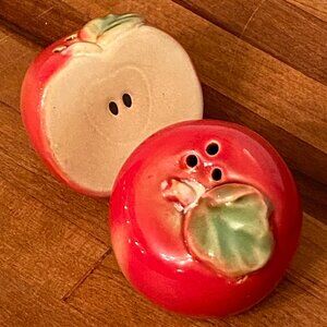 Red Apple Salt and Pepper Shaker Ceramic Set One Whole Apple One Half Apple